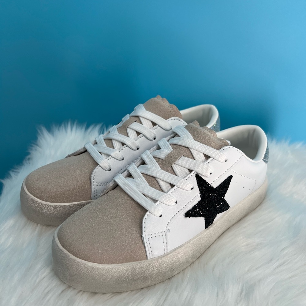 Tan and White Star Sneakers with Cushioned Sole